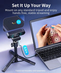 Straight Up Dope 4K Dual Camera Webcam For Streaming And Video Calls Packs Wide Angle And Telephoto Lenses mounted on tripod with laptop.