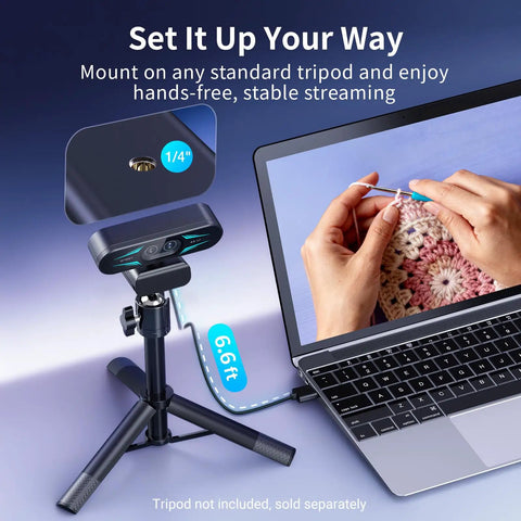 Straight Up Dope 4K Dual Camera Webcam For Streaming And Video Calls Packs Wide Angle And Telephoto Lenses mounted on tripod with laptop.