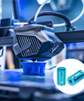 3D printer in action with Shaft Coupler 5mm To 8mm Rigid Connector Aluminum Alloy Blue 25x14mm as overlay, showing connectivity use.