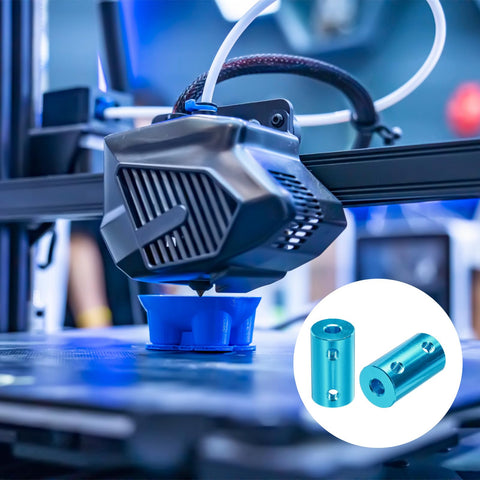 3D printer in action with Shaft Coupler 5mm To 8mm Rigid Connector Aluminum Alloy Blue 25x14mm as overlay, showing connectivity use.