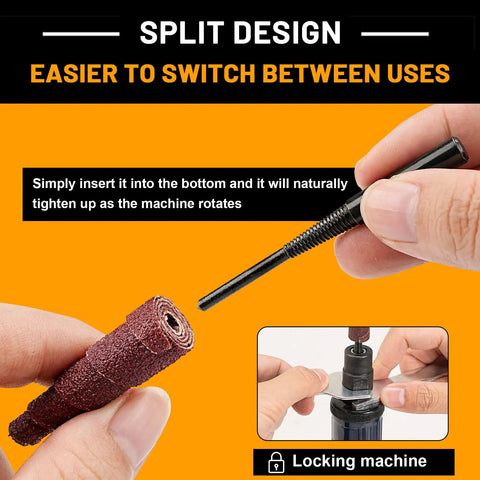 Hands demonstrating the use of 52Pcs One Quarter Inch Sanding Burr Set With One Quarter Shank For Die Grinder Rotary Tools.