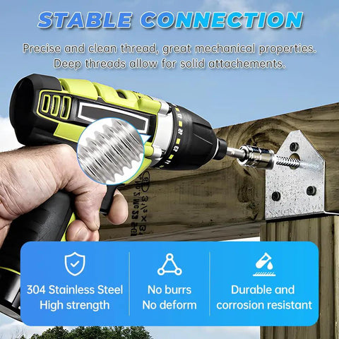 Rock Solid 12 Set M6 Hex Socket Head Cap Screws With Barrel Nuts And 4 Mm Hex Key 304 Stainless Steel Heavy Duty Furniture Hardware in use with a drill.