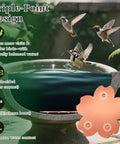Pure Copper Bird Bath Disk With Triple Point Support Keeps Water Clean Longer For All Season Outdoor Bird Bowl No Scrubbing Needed Safe Water Without Chemicals 99.99 Percent Copper Flower Design in a birdbath with birds.