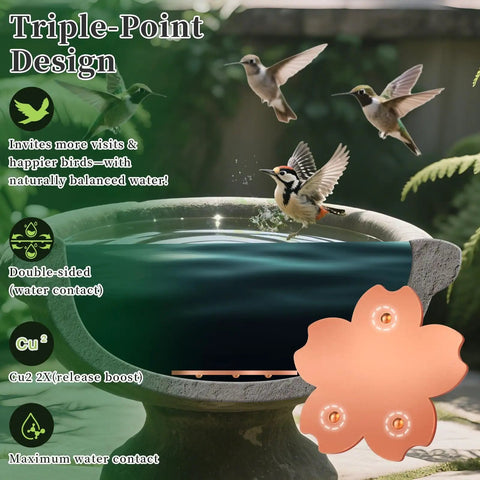 Pure Copper Bird Bath Disk With Triple Point Support Keeps Water Clean Longer For All Season Outdoor Bird Bowl No Scrubbing Needed Safe Water Without Chemicals 99.99 Percent Copper Flower Design in a birdbath with birds.