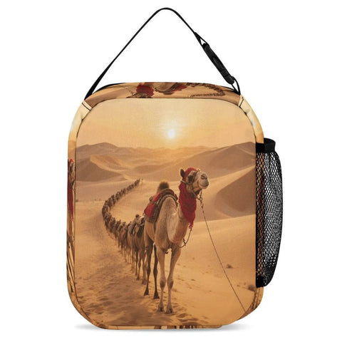 Desert Camel Train Insulated Lunch Bag For Women And Men Portable Cooler Tote with camel image in desert scenery