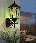 Large 21 Inch Solar Wall Lantern Outdoor Light with dimmable dusk to dawn waterproof aluminum housing on exterior wall.