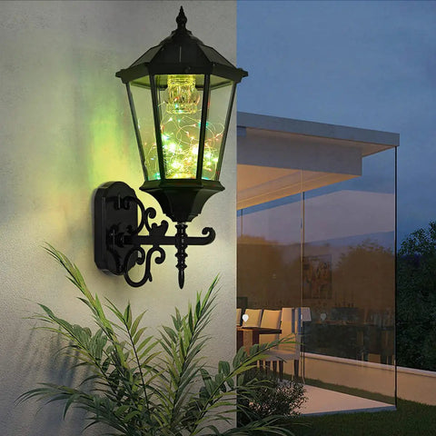 Large 21 Inch Solar Wall Lantern Outdoor Light with dimmable dusk to dawn waterproof aluminum housing on exterior wall.
