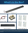 Contents of the BIQU Panda Lux LED Light Strip Upgrade Kit including Panda Lux light, connection cable, adapter board, electrical tape, and double-sided tape for Bambu Lab P1S P1P X1C X1E.