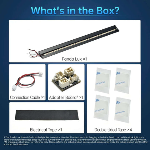 Contents of the BIQU Panda Lux LED Light Strip Upgrade Kit including Panda Lux light, connection cable, adapter board, electrical tape, and double-sided tape for Bambu Lab P1S P1P X1C X1E.