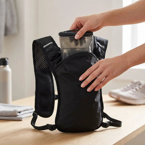 Person placing a water bladder into Hydration Vest Pack With Breathable Nylon Water Bladder Compatible Adjustable Chest Straps Multiple Pockets.