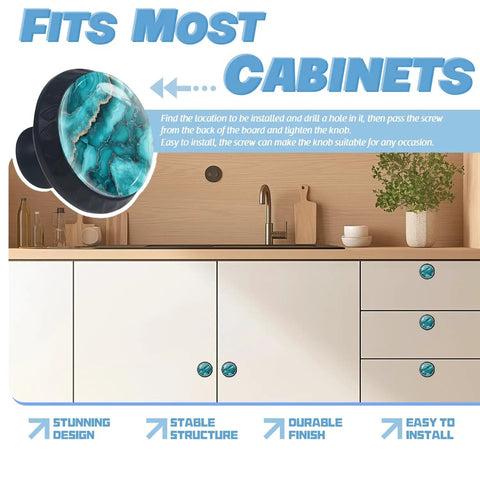 Slick Turquoise Crystal Cabinet Knobs Add That Dope Marble Finish To Any Kitchen Drawers Bathroom Vanity Or Bedroom Dresser Includes All Necessary Mounting Hardware For A Quick Top Shelf Upgrade. Close-up of turquoise glass knob mounted on cabinet surface.