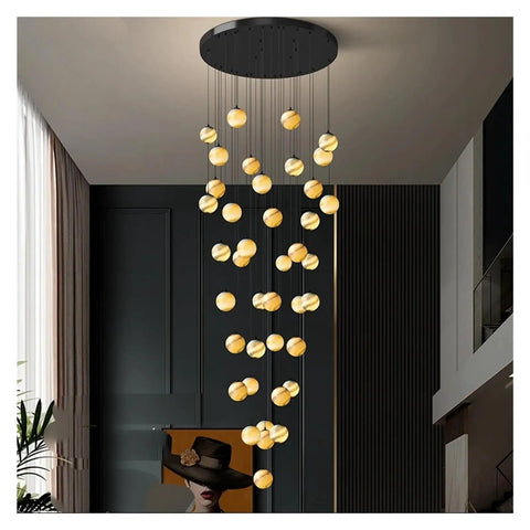 MVP Spherical LED Pendant Lamp For Staircase Living Room Showcases Nordic Vibe Energy Efficient Globe Hanging Light Fixture in gold.
