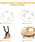 Installation guide for heavy duty hairpin leg set for furniture with step-by-step instructions and floor protector tips.