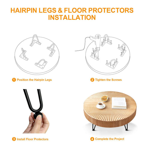 Installation guide for heavy duty hairpin leg set for furniture with step-by-step instructions and floor protector tips.
