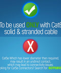 Infographic on proper use of RJ45 Cat6 Pass Through Connectors and Strain Relief Boots with Cat6 solid or stranded cables only.
