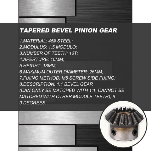 Heavy Duty Steel 4 Piece Tapered Bevel Pinion Gear Set For Hardware And Mechanical Transmission, 10mm Shaft, 1.5 Modulus, 16 Teeth