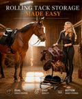 Heavy Duty Rolling Saddle Rack Cart With Spacious Basket And Locking Casters For Super Smooth Glides Sturdy Steel Frame in use by equestrian.