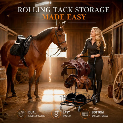 Heavy Duty Rolling Saddle Rack Cart With Spacious Basket And Locking Casters For Super Smooth Glides Sturdy Steel Frame in use by equestrian.