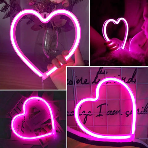 Collage of Pink Heart Neon Sign With Battery Or USB Power For A Romantic Mood And Cozy Vibes LED Heart Lights in various settings.