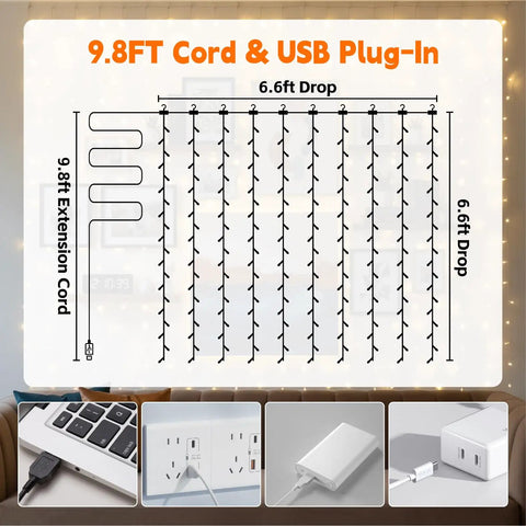 Diagram of Cozy Bedroom Curtain Lights 200 LED Fairy String Lights with 9.8 ft USB cord and 6.6x6.6 ft dimensions.