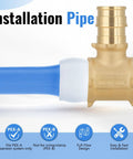 Ten Pack PEX A Reducing Tee Expansion Fitting Lead Free Brass Full Flow Connector For Residential Hot And Cold Water And Radiant Heating Systems ASTM F1960 And cUPC Certified shown in close-up against a white background, highlighting the brass material and connection to blue PEX pipe.