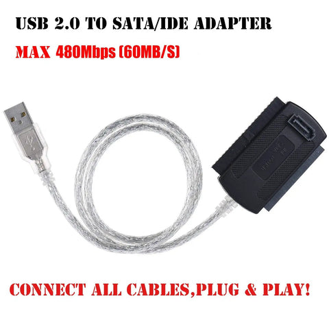 Plug And Play SATA IDE USB Two Point Zero Hard Drive Adapter Cable With External Power Supply for 2.5 and 3.5 inch HDD SSD