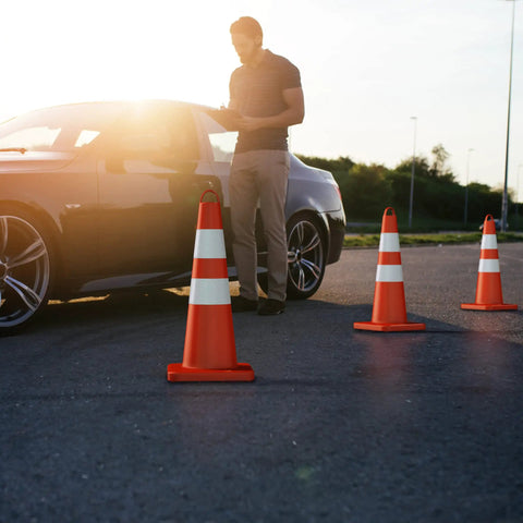 Heavy Duty 28 Inch Traffic Safety Cones Set Of 6 With Handles High Visibility Orange With Reflective Collars in parking lot