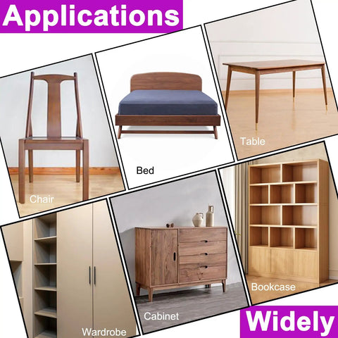 Applications of wooden furniture including chair, bed, table, wardrobe, cabinet, and bookcase for various uses.