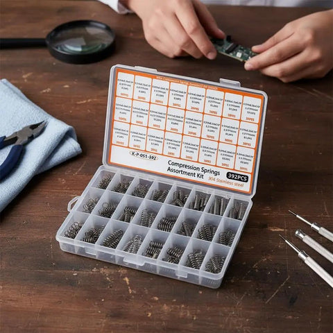 Top Rated 304 Stainless Steel Compression Springs Kit With 392 Pieces In 24 Sweet Sizes For Tough DIY Auto Fixes And Heavy Industrial Repairs That Won'T Rust And Keep Your Gear Running Smooth. open 392-piece 304 stainless steel compression spring assortment box, 24 sizes