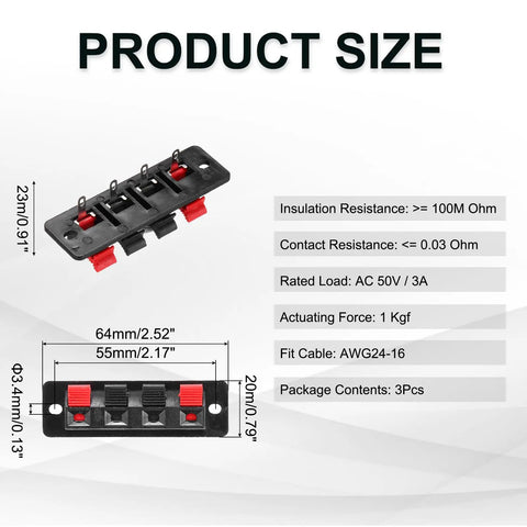 4 Way Spring Terminal Clip Push Release Connector Plate For Speaker Socket And Test Clip WP4-4 5 Piece Pack Red Black Polarity
