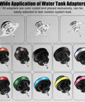 No Sweat Radiator Pressure Tester Kit Featuring 18 Premium Adapters, color-coded water tank adapters for leak detection.