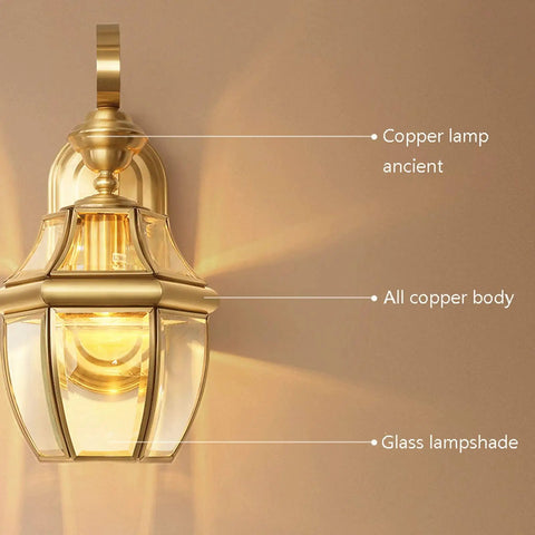 Retro Copper Wall Sconce Top Shelf All Metal Casting Dry Rated For Bedrooms Hallways And Porches Rock Solid Fixture With Glass Lampshade