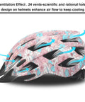 Adjustable Bike Helmet For Men And Women Lightweight Road And Mountain Cycling Safety Gear With Detachable Visor And Pink Flower Accent showing ventilation arrows