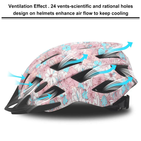 Adjustable Bike Helmet For Men And Women Lightweight Road And Mountain Cycling Safety Gear With Detachable Visor And Pink Flower Accent showing ventilation arrows