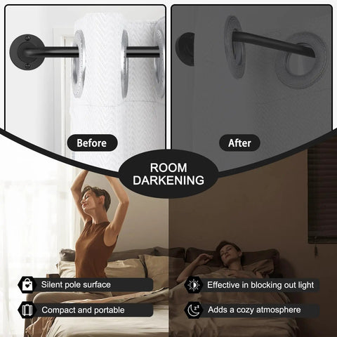 Before and after using Two Pack Curtain Rods For Windows 28 To 48 Inch Five Eighth Inch Matte Black Adjustable Wrap Around Curtain Rods