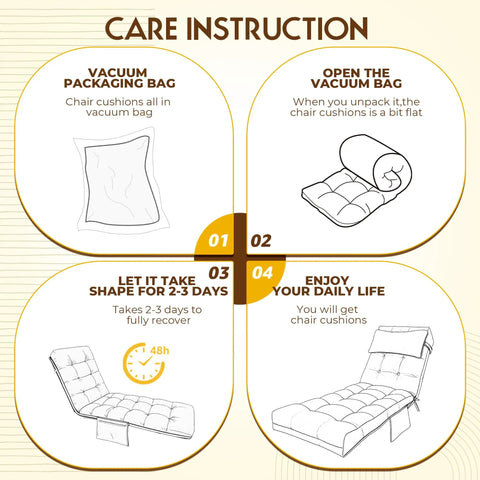 Care instructions for waterproof outdoor chaise lounge cushion with ties, 71 by 21 by 4 inches, cream color replacement pad.