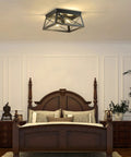 Industrial Ceiling Light Fixture 2 Light Farmhouse Semi Flush Mount Black Metal Cage With Faux Wood Finish in bedroom.
