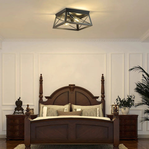 Industrial Ceiling Light Fixture 2 Light Farmhouse Semi Flush Mount Black Metal Cage With Faux Wood Finish in bedroom.