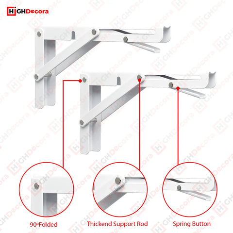 Heavy Duty Folding Shelf Brackets Set 2 Piece Metal Wall Mounted Triangle Supports Fold Down Design White 10 Inch detail