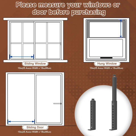 Measuring guide for windows and doors with dimensions for Heavy Duty Adjustable Window Security Bar for Sliding And Double Hung Windows.