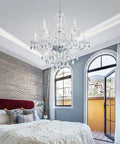 Nine Light Modern Crystal Glass Chandelier Pendant Ceiling Light Fixture With Glass Droplets, 28 Inch Wide 28 Inch High, installed in bright bedroom