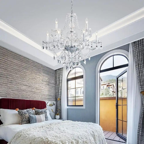 Nine Light Modern Crystal Glass Chandelier Pendant Ceiling Light Fixture With Glass Droplets, 28 Inch Wide 28 Inch High, installed in bright bedroom