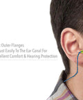 Man wearing Fusion Corded Reusable Earplugs with Dual Material Construction and Soft Outer Flanges for comfort and noise blocking.