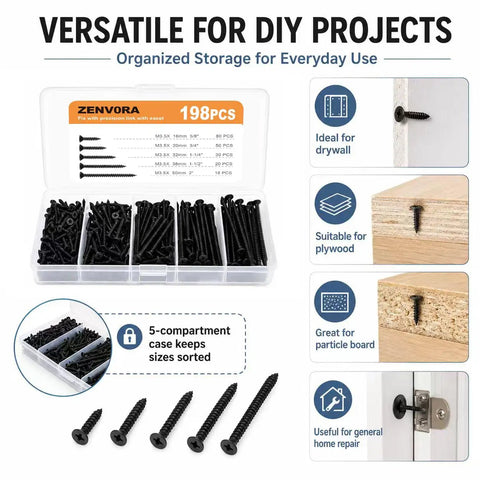 198 Piece Black Phosphated Screw Kit With Multi Size Assortment organized in 5-compartment case for DIY woodworking projects