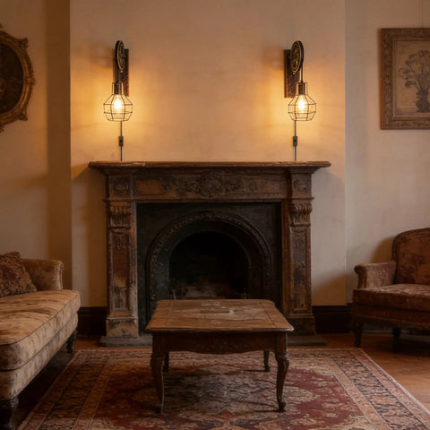 Living room with two Retro Industrial Wall Sconce Set in Antique Brass Vintage Plug In Lantern Lights over fireplace