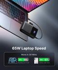 Ultra Compact Wallet Sized Laptop Power Bank Featuring Hella Fast 65W Triple Port Charging And Massive 20000mAh Built In Battery connected to a laptop.