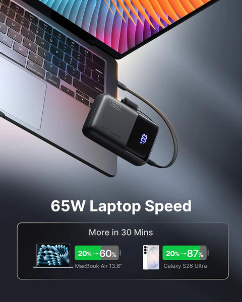 Ultra Compact Wallet Sized Laptop Power Bank Featuring Hella Fast 65W Triple Port Charging And Massive 20000mAh Built In Battery connected to a laptop.