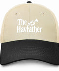 Front view of Washed Distressed Trucker Cap For Men And Women, beige and black design, "The HavFather" text on front.