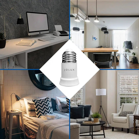 Bulb Socket Extender Four Pack E26 To E26 Lamp Socket Extension in various room settings, featuring recessed and desk lighting.