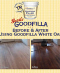 Premium Water Based Wood Grain Filler Ebony One Gallon Trowel Ready Quick Drying applied before and after on wood floors.